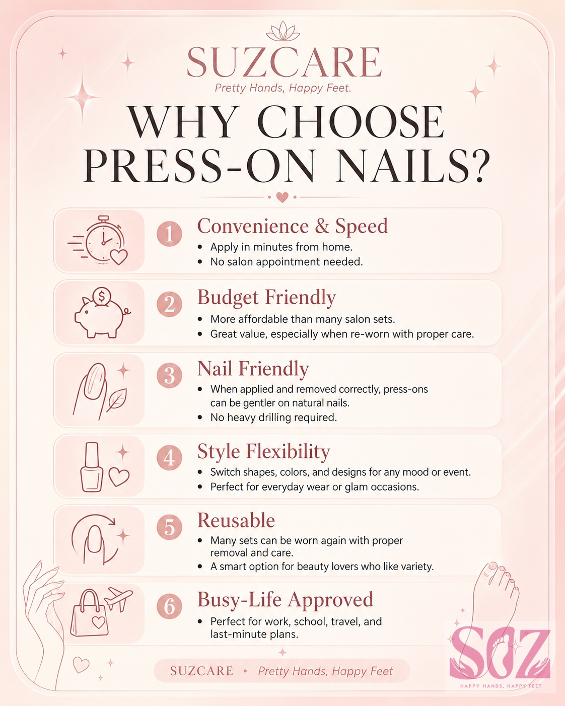 Suzcare infographic explaining why to choose press-on nails